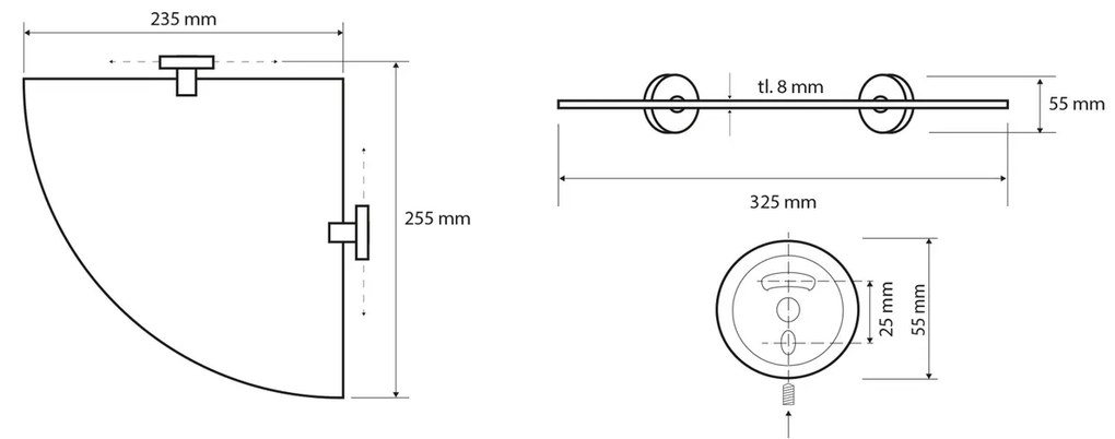 Raft de colț din sticlă SAPHO XR603 X-Round E 25 x 25 cm