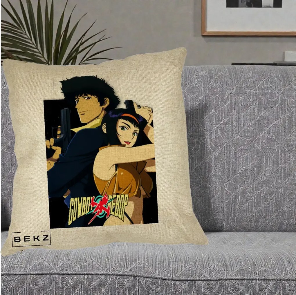 Perna Personalizata Cowboy Bebop Spike si Faye Poster, 40x40 cm, Crem, Husa Detasabila, Perna Inclusa, BEKZ®