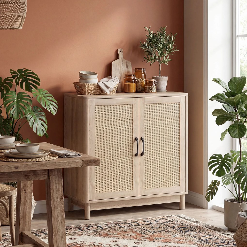 HOMCOM Bufet pentru living, mobilier de depozitare cu 2 uși din ratan, poliță reglabilă și margini rotunjite, 76 x 35 x 75,5 cm, stejar | Aosom Romania