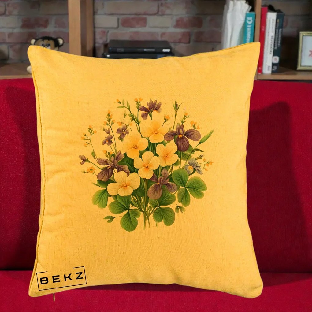 Perna Decorativa Viorele Iris Violet si Trifoi, 40x40 cm, Galben, Husa Detasabila, Perna Inclusa, BEKZ®