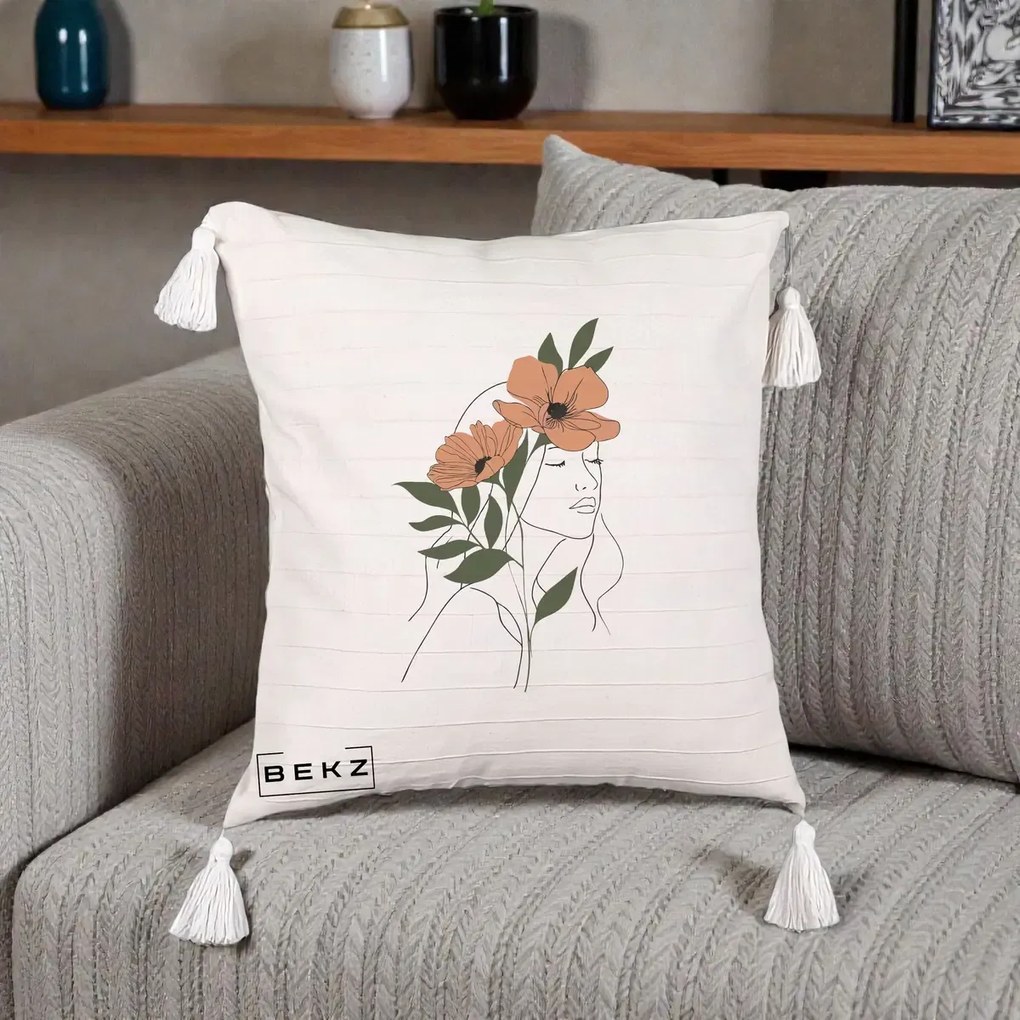Perna Decorativa Portret Feminin Doua Maci Terracotta, 40x40 cm, Bej cu Franjuri, Husa Detasabila, Perna Inclusa, BEKZ®