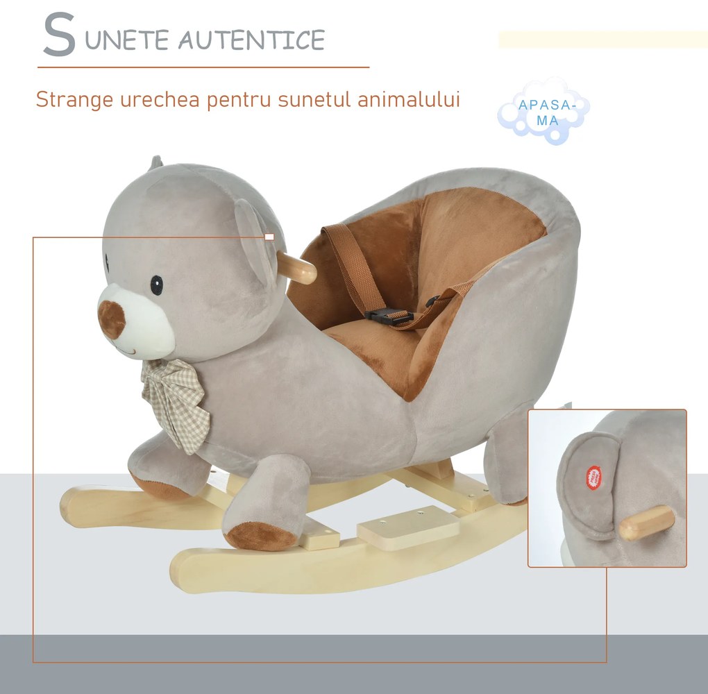 HOMCOM Cal tip Balansoar in Forma de Urs pentru Copii 18-36 luni Interactiv, Gri, 60x33x50cm | Aosom Romania