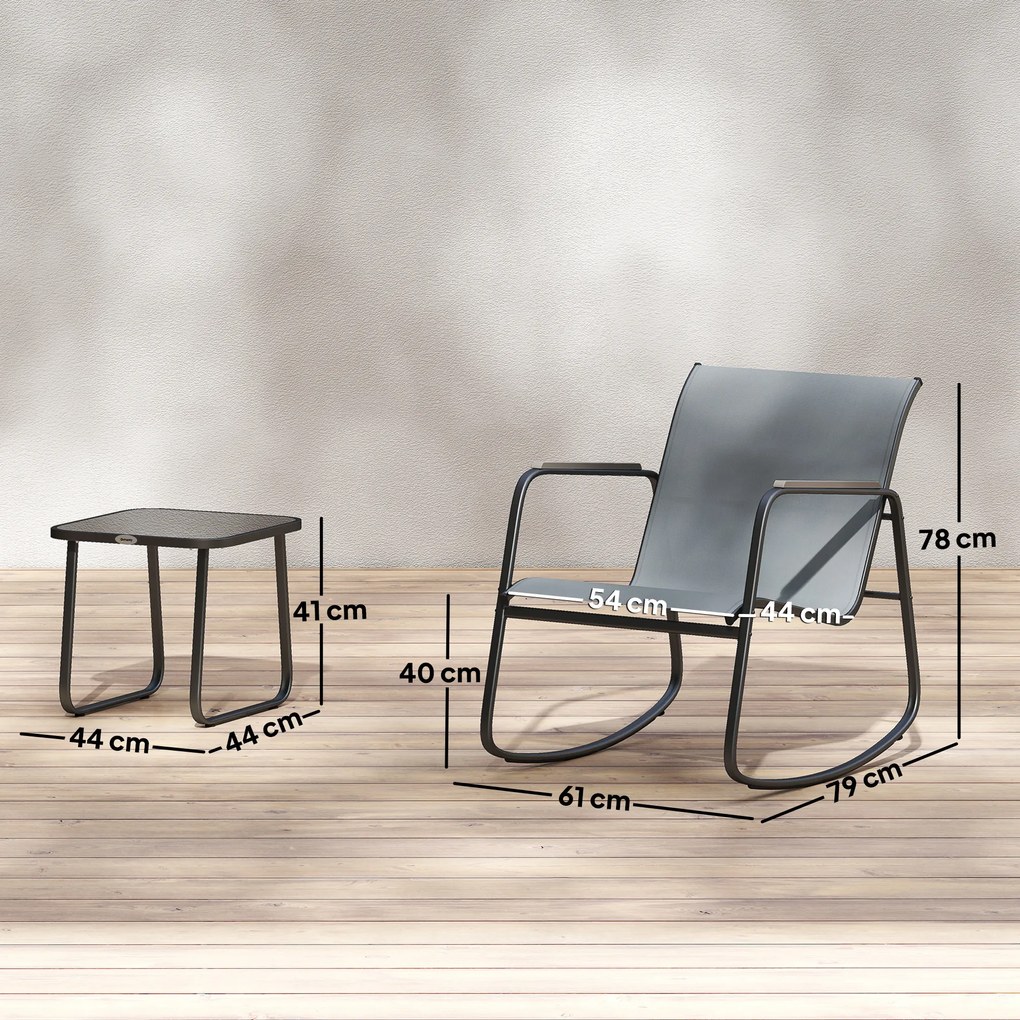 Outsunny Set Bistro din 3 Piese, Set de Grădină cu 2 Scaune de Exterior cu Mișcare de Legănare din Textilenă Respirabilă, Masă cu Blat din Sticlă, Set Masă și Scaune din Oțel pentru Terasă și Balcon, Gri | Aosom Romania