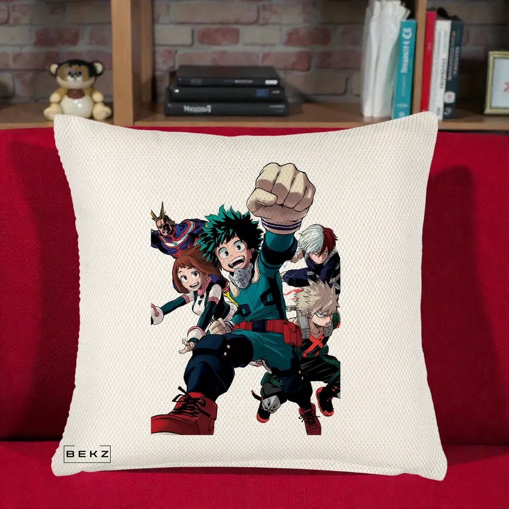Perna Personalizata My Hero Academia Izuku Deku si Echipa, 40x40 cm, Crem Reliefat, Husa Detasabila, Perna Inclusa, BEKZ®