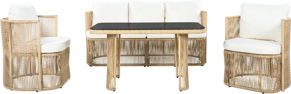Set mobilier de grădină din PE‑rattan, 5 piese, canapea 3 locuri, 2 fotolii și masă cu blat din sticlă, Bej+Negru+Alb