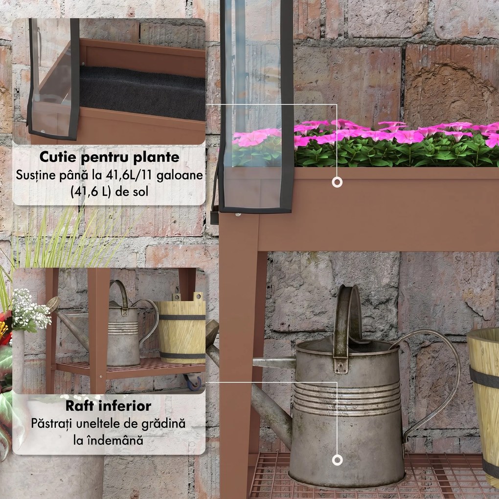 Outsunny Strat de Gradină Înălțat cu Acoperiș de Sera, Jardiniera Mobilă cu Roți și Raft Inferior pentru Legume, Flori, Ierburi | Aosom Romania