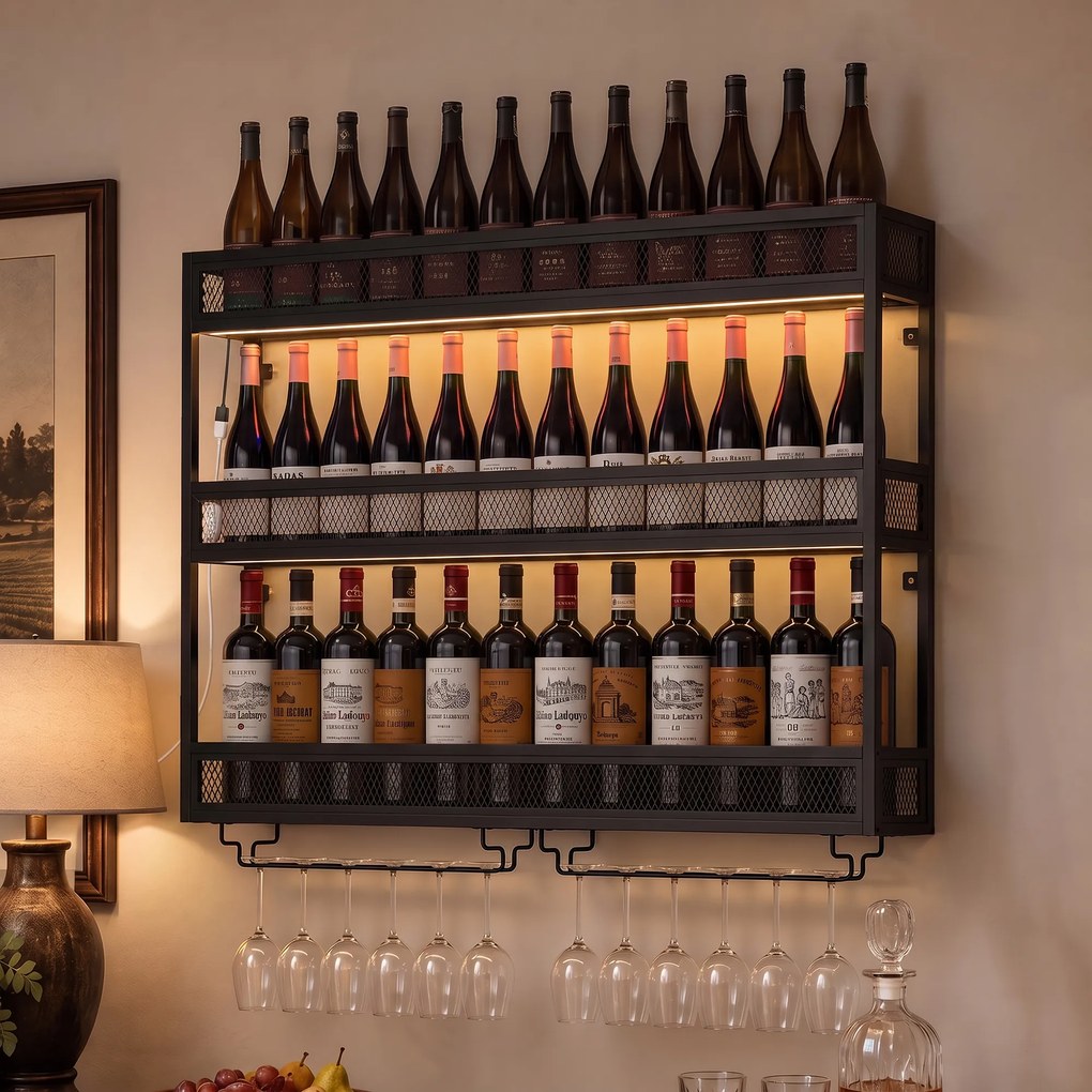 HOMCOM Suport de perete pentru vin cu LED, stil industrial, metal negru | Aosom Romania