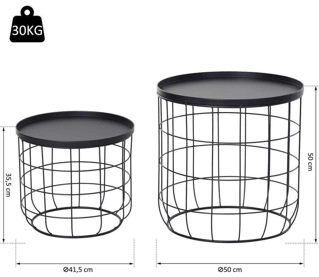 Outsunny Set 2 Piese Masuta de Cafea din Metal Negru , Φ50x50cm & Φ41.5x35.5cm