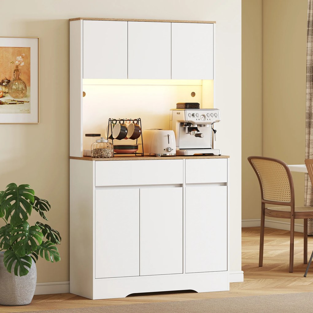 HOMCOM Bufet bucătărie mobilier de bucătărie de depozitare înalt cu lumină LED RGB, blat de lucru, 6 uși, 2 sertare, alb | Aosom Romania