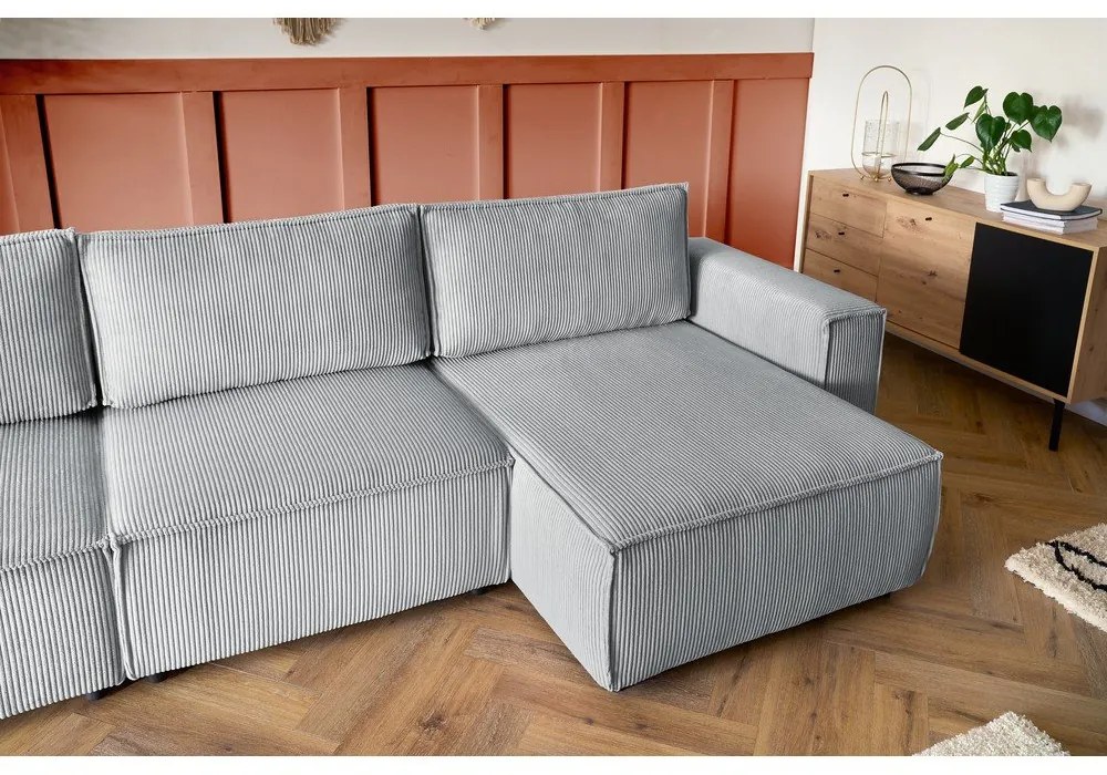 Colțar gri deschis cu tapițerie din catifea reiată (cu colț pe partea stângă /în formă de "U") Nihad modular – Bobochic Paris