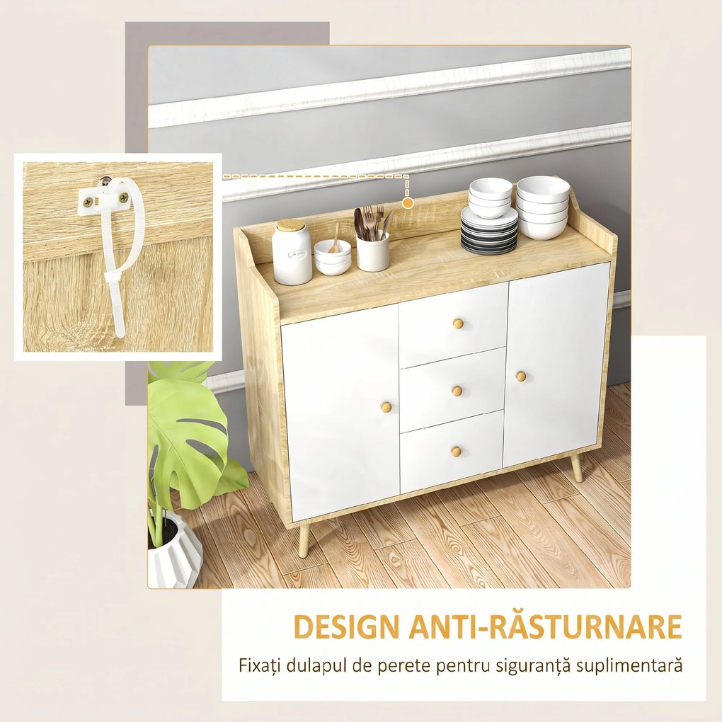 HOMCOM Comodă cu 3 Sertare și 2 Dulapuri cu Rafturi, Bufet Modern din PAL și Lemn de Pin, 90x32x80 cm, Alb | Aosom Romania