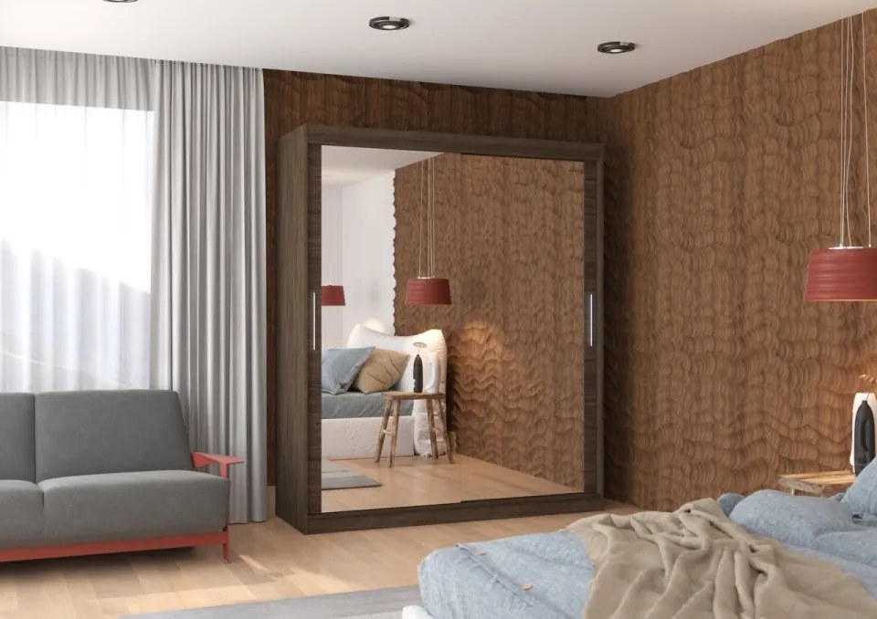 Dulap cu usi glisante si oglinda 180x215 cm, Ettore, ADRK Furniture (Culoare: Ciocolata)