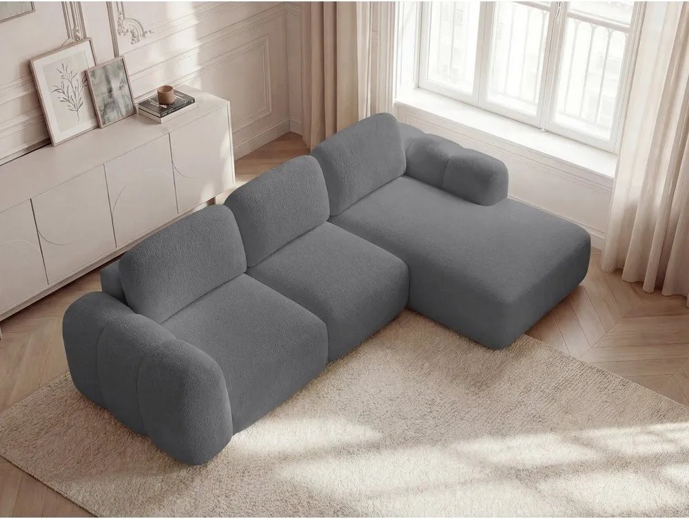 Colțar gri extensibil/cu spațiu de depozitare cu tapițerie din țesătură bouclé (cu colț pe partea dreaptă/cu șezlong) Montaigne – Bobochic Paris