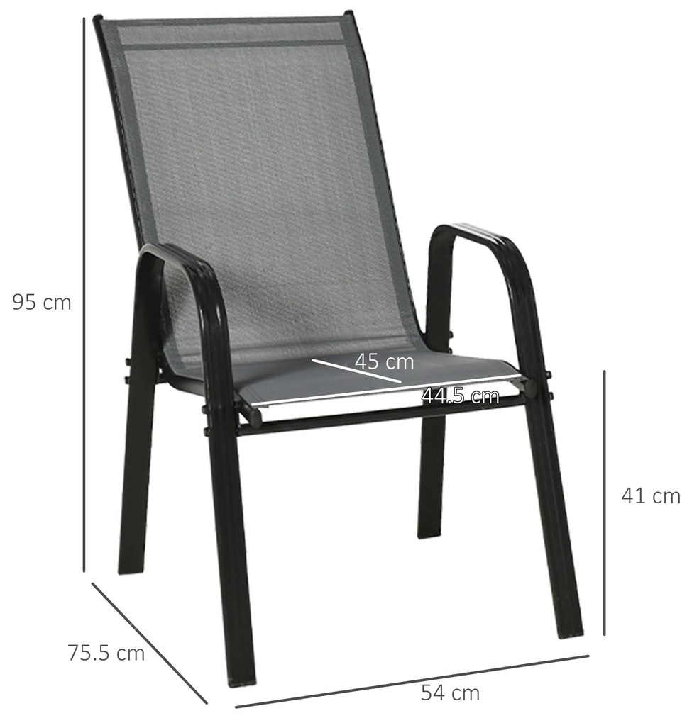 Outsunny Set de 4 Scaune de Grădină Stivuibile, Scaune de Exterior cu Cotiere din Metal și Țesătură Respirabilă, 54x75.5x95 cm, Gri | Aosom Romania