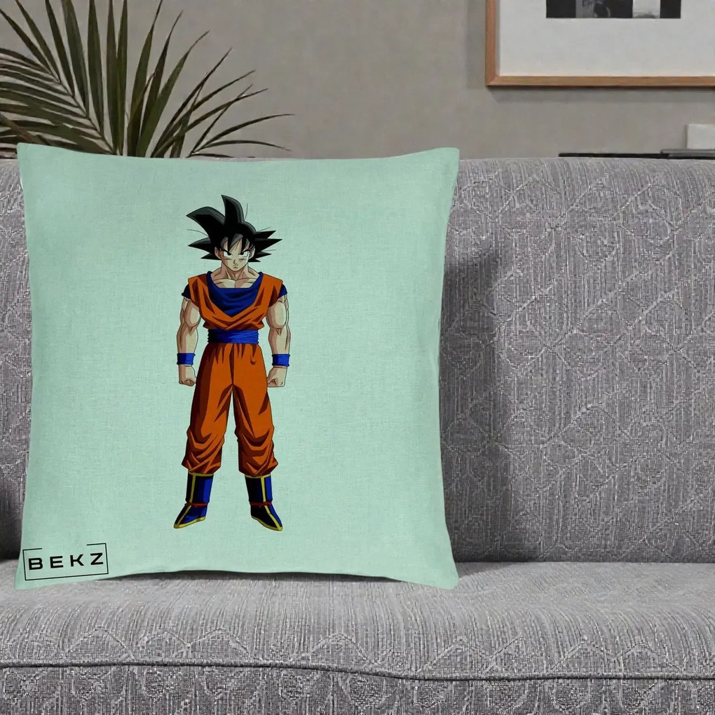 Perna Personalizata Dragon Ball Goku Complet in Gi Portocaliu, 40x40 cm, Verde Menta, Husa Detasabila, Perna Inclusa, BEKZ®