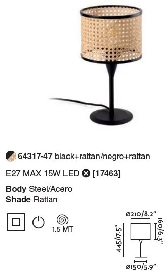 Veioza / Lampa de masa moderna design natural MAMBO mini negru/ratan 64317-47