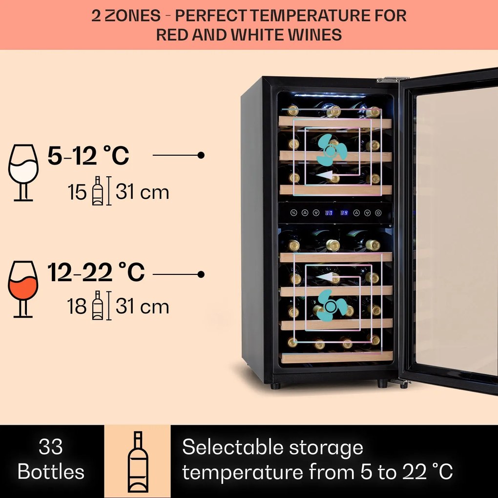Klarstein Vinamour 33 Duo, frigider pentru vin, 2 zone, 89 l / 33 sticle, 5-18 °C, control tactil