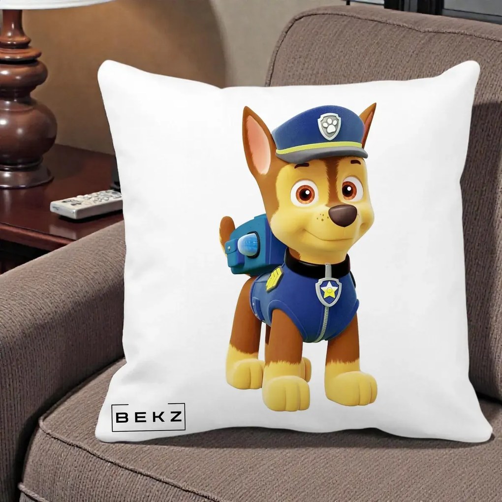 Perna Personalizata Chase PAW Patrol Albastru, 40x40 cm, Alba Mata, Husa Detasabila, Perna Inclusa, BEKZ®