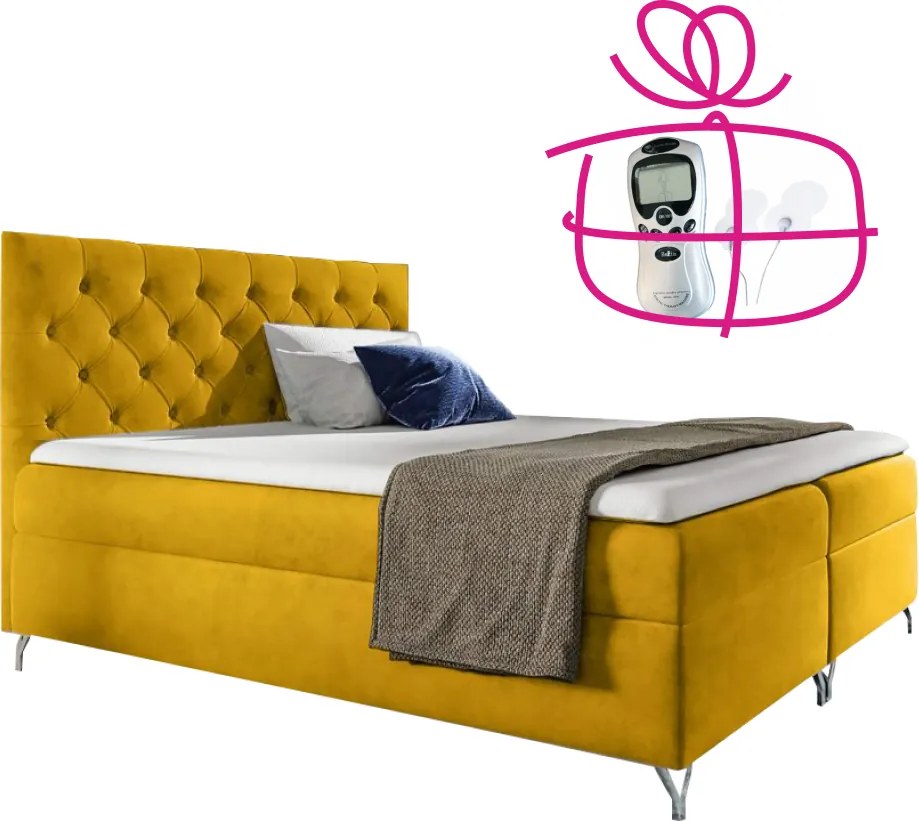 Pat cu boxspring, 200x200, velur galben, GULIETTE + cadou