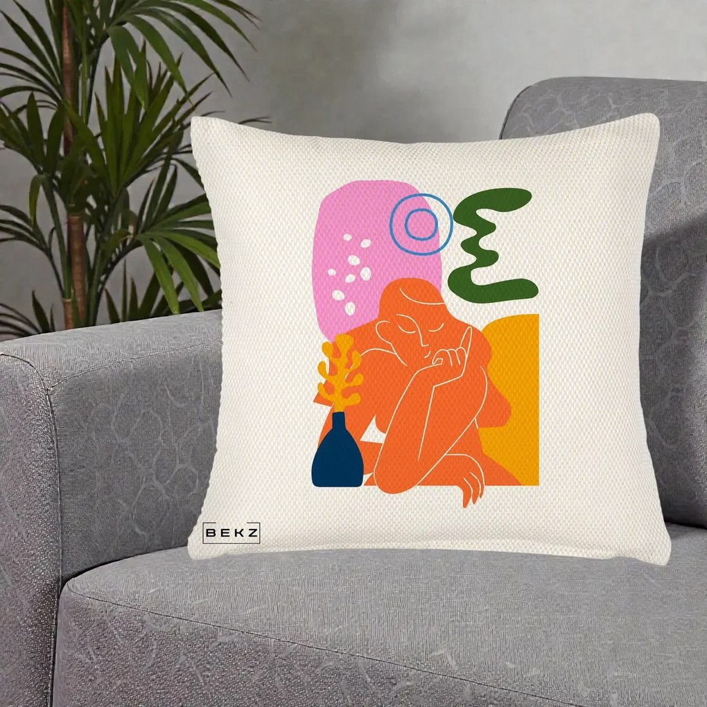 Perna Decorativa Femeie Meditand Abstract, 40x40 cm, Crem Reliefat, Husa Detasabila, Perna Inclusa, BEKZ®