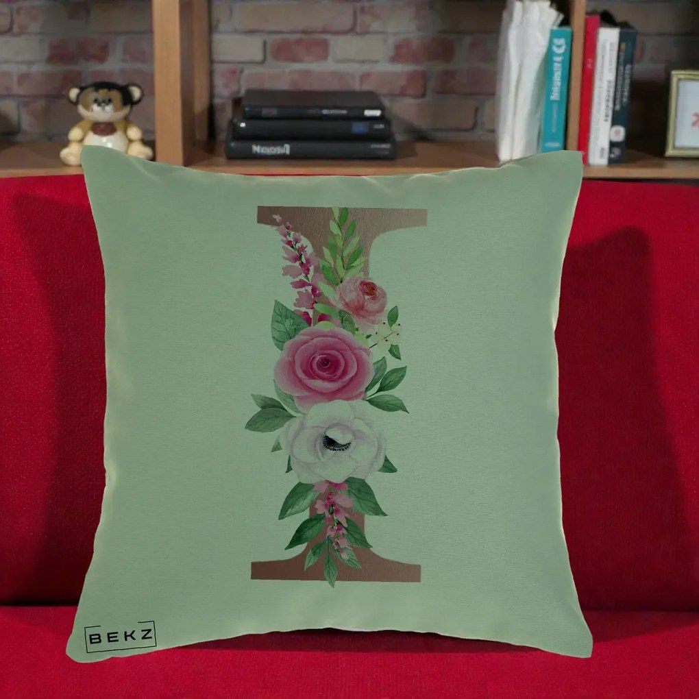 Cadou Personalizat - Perna Personalizata Monograma Rose Gold Litera I, 40x40 cm, Verde, Husa Detasabila, Perna Inclusa, BEKZ®