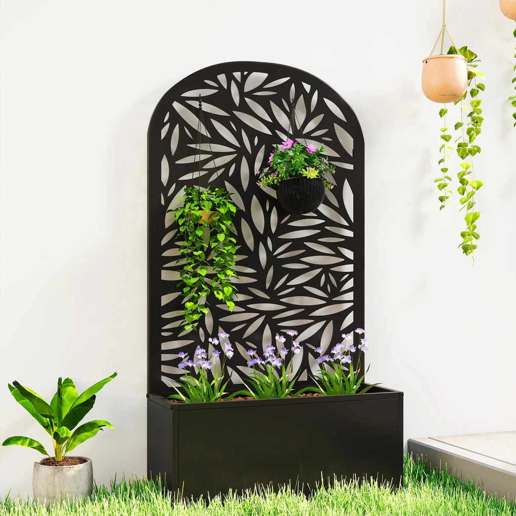 Outsunny Jardiniere Ridicată pentru Grădină și Balcon cu Spalier Arcuit Decorat cu Frunze, pentru Flori și Legume, Montare pe Perete sau Utilizare Independentă, Negru | Aosom Romania
