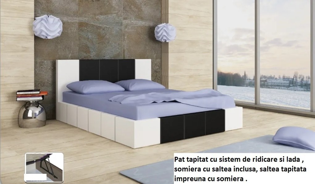 Pat tapitat dormitor cu lada , somiera si saltea inclusa , 160x200, piele eco negru si alb, saltea spuma, Bortis