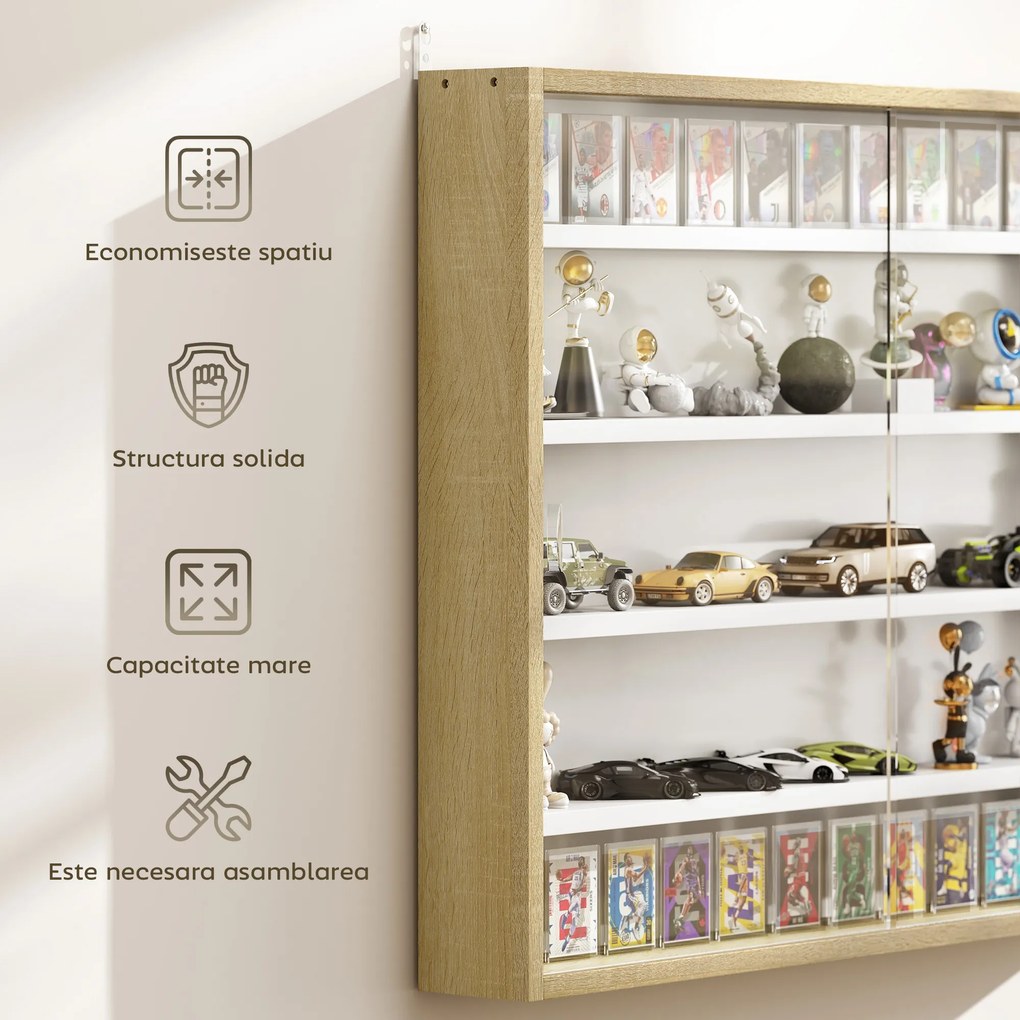 HOMCOM Raft de Perete cu 5 Nivele și Vitrină cu 2 Uși din Sticlă și 4 Rafturi Reglabile | Aosom Romania