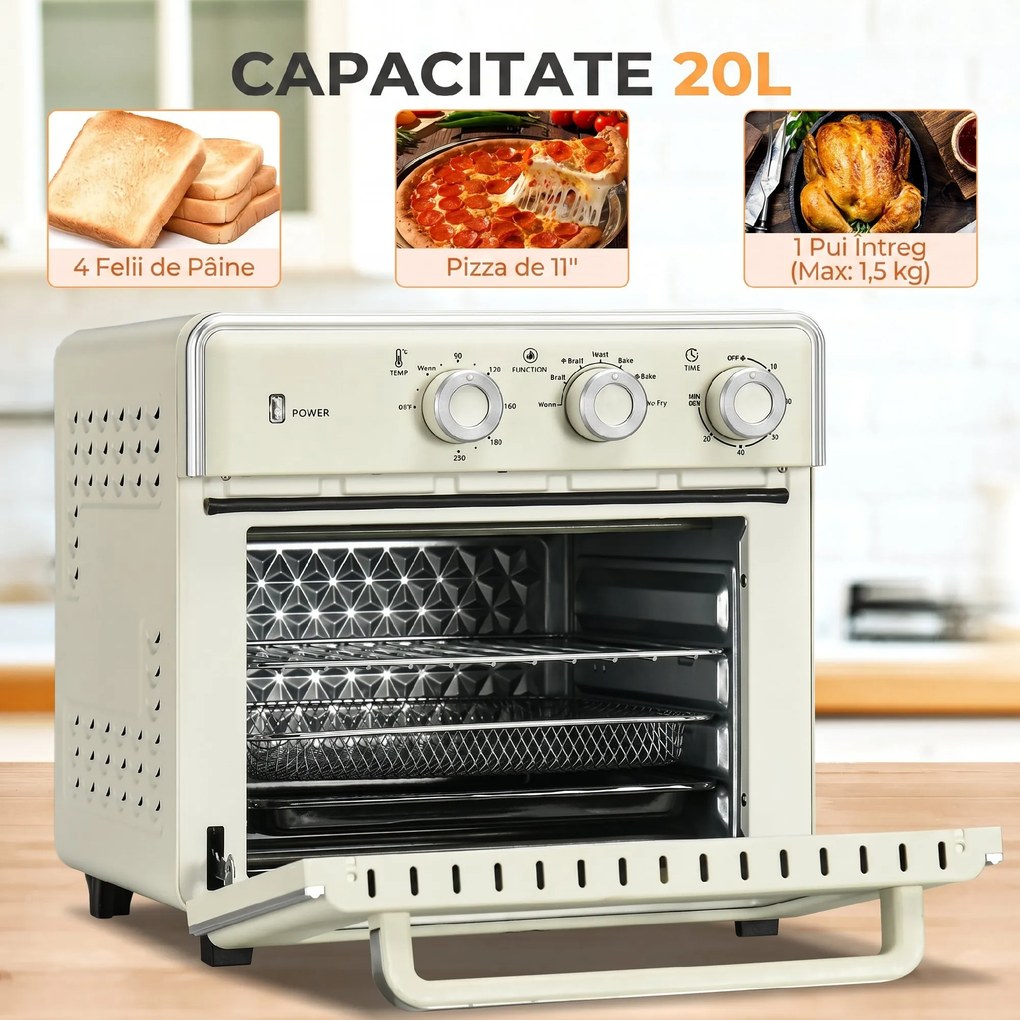 HOMCOM Mini Cuptor 5-in-1, Capacitate 20 L, 1400W, 1 Grătar, 1 Tavă, Timer 60 Min | Aosom Romania