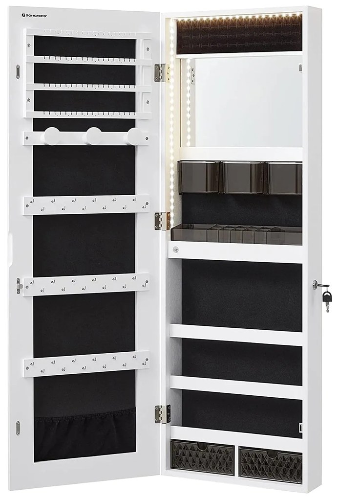 dulap de bijuterii, organizator cu lumini LED, dulap de depozitare montat pe perete, alb | SONGMICS