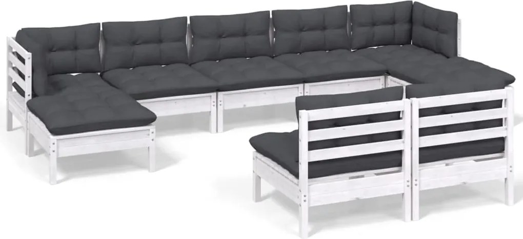 vidaXL Set mobilier de grădină cu perne, 9 piese, alb, lemn de pin