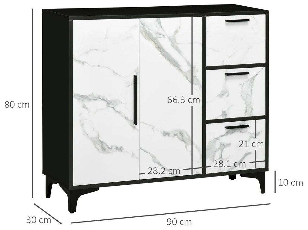 Dulap Depozitare HOMCOM Efect Marmură, Negru-Alb, 2 Uși, 3 Sertare, MDF și Oțel, Modern | Aosom Romania