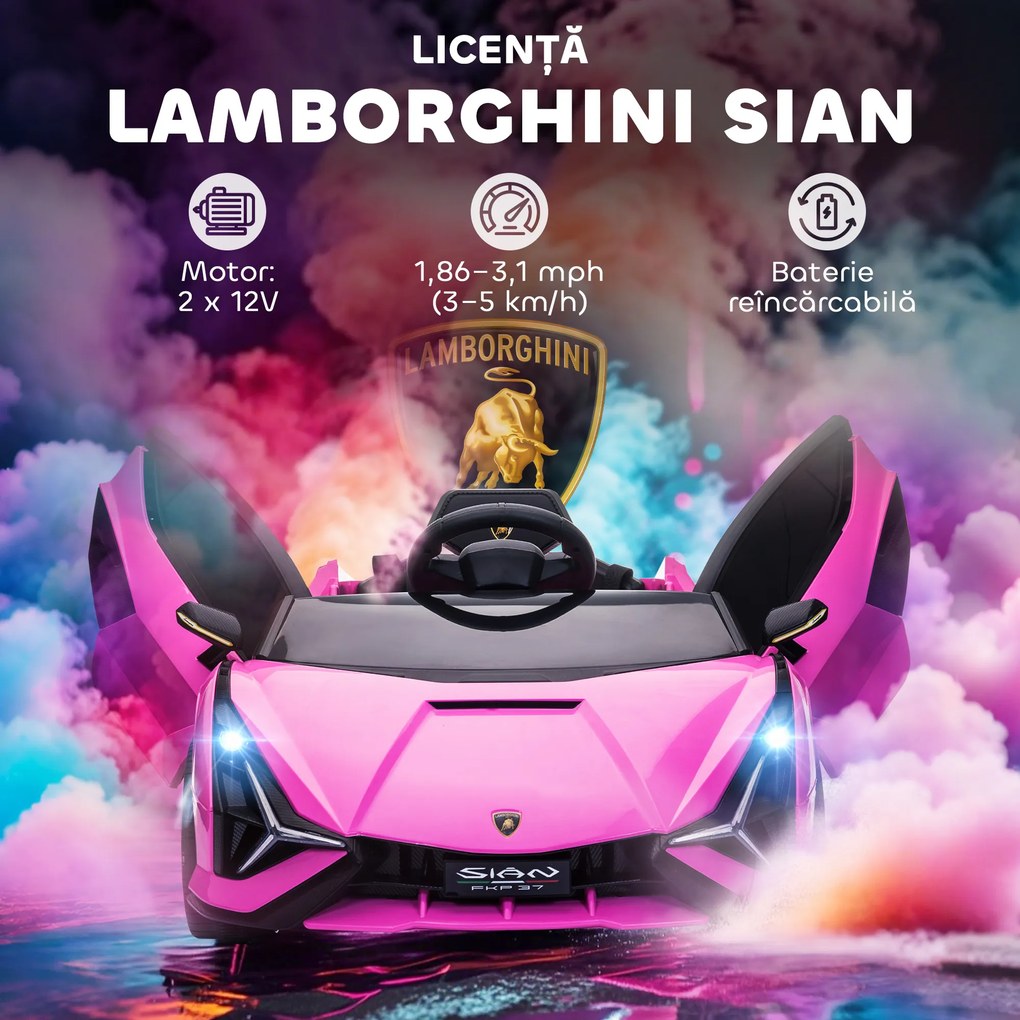 HOMCOM Masina Electrica pentru Copii 12V, Roz Lamborghini 12V cu telecomanda | Aosom Romania