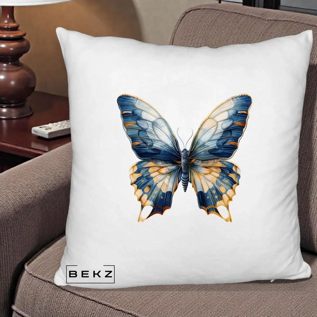 Perna Decorativa Fluture Albastru Auriu Elegant, 40x40 cm, Alb Pufos, Husa Detasabila, Perna Inclusa, BEKZ®