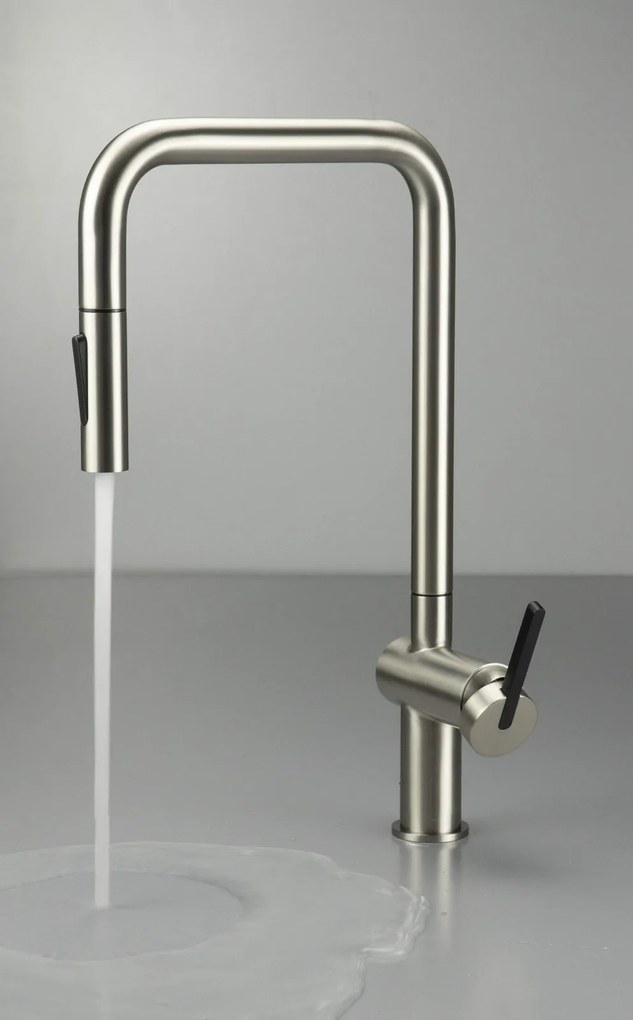Baterie pentru chiuveta bucatarie, otel, cap mixer, 2 tipuri de jet, dus extractabil, Deante Momi Otel