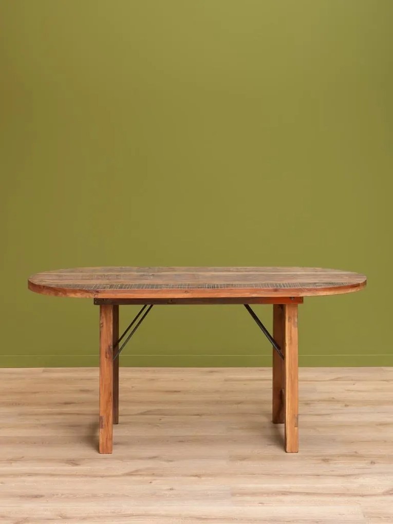 Masă pliabilă ovală din lemn reciclat și metal, cu blat patinat și picioare pliabile, natur, finisaj vintage, 165×77.5×71 cm, „Marolles"