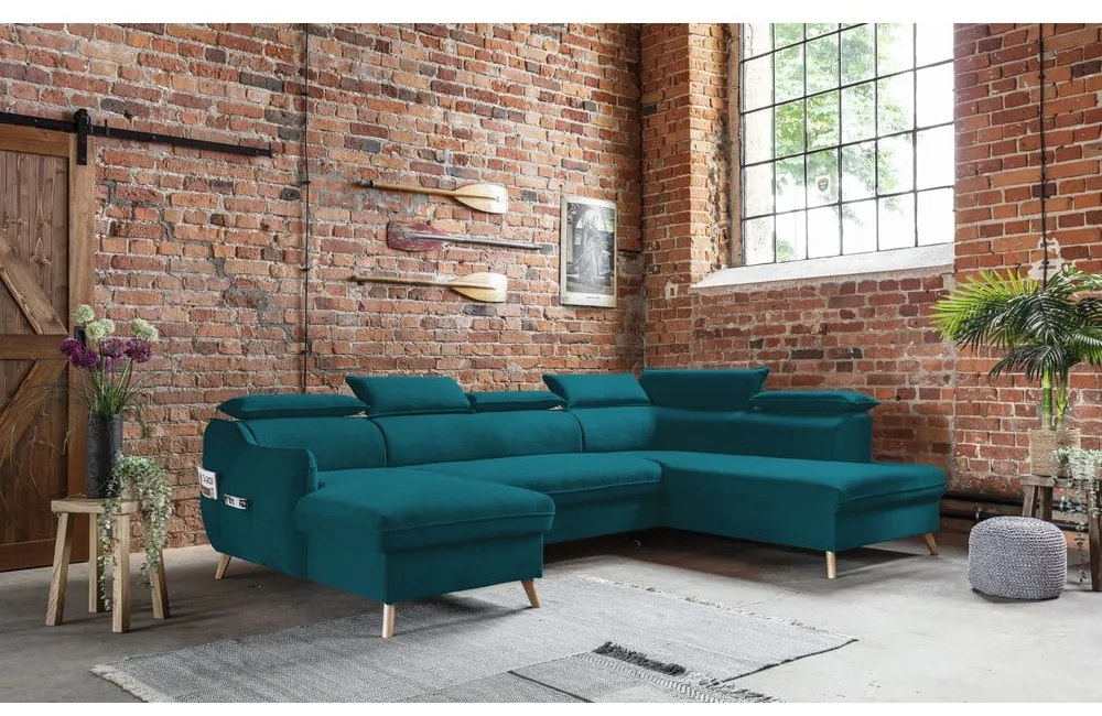 Colțar turcoaz extensibil cu tapițerie din catifea (cu colț pe partea dreaptă/în formă de "U") Sweet Harmony – Miuform