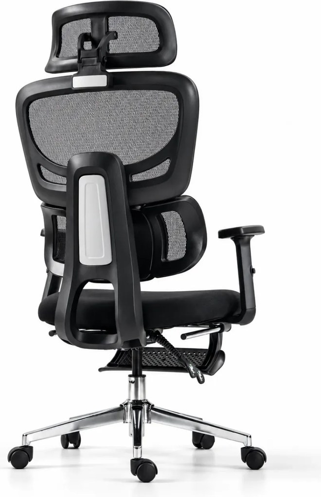 ErgoVanta — Scaun ergonomic, Spătar din Mesh, Suport lombar reglabil, Șezut buretat, Tetieră 2D, Cotiere reglabile, Mecanism cu blocare, Suport pentru picioare retractabil, Negru