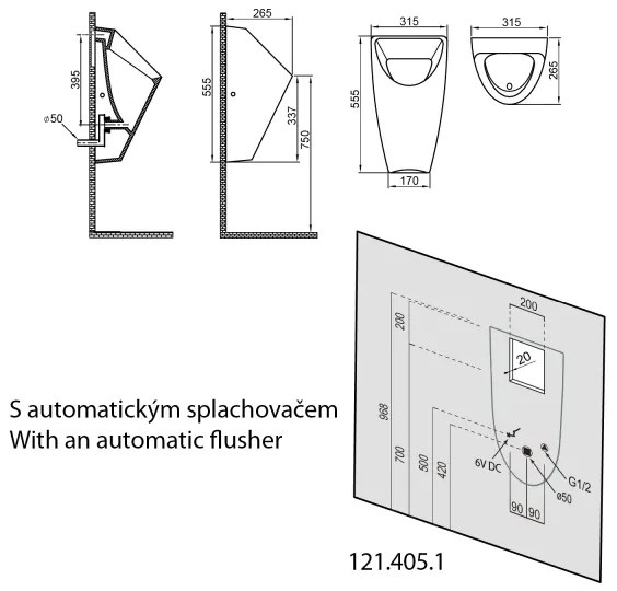 Pisoar Bruckner SCHWARN alimentare posterioară, evacuare posterioară, ceramică/alb