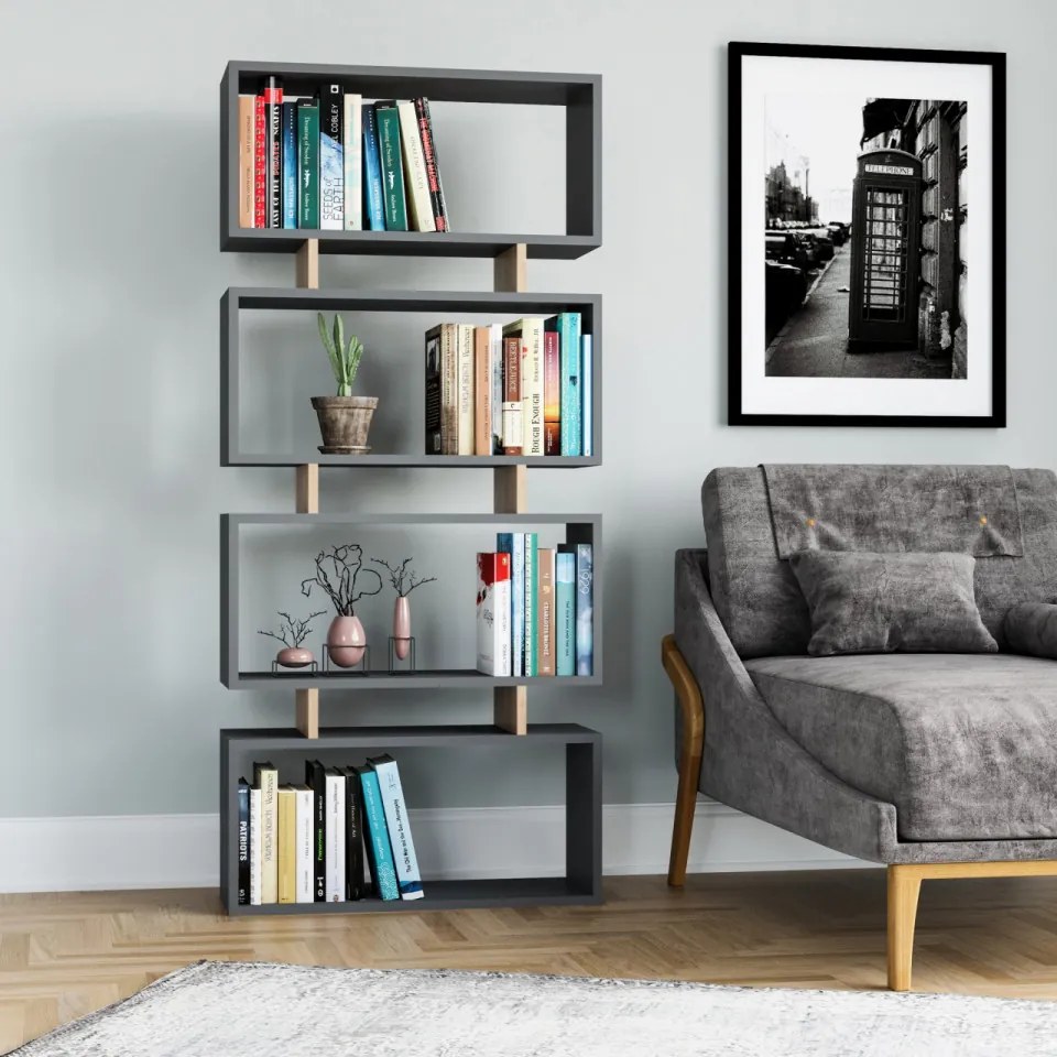 Biblioteca Living Langdon, PAL Melaminat, Gri Antracit / Stejar