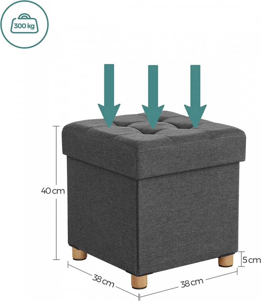 Taburet cu capac si spatiu depozitare, textil / MDF, gri, Songmics