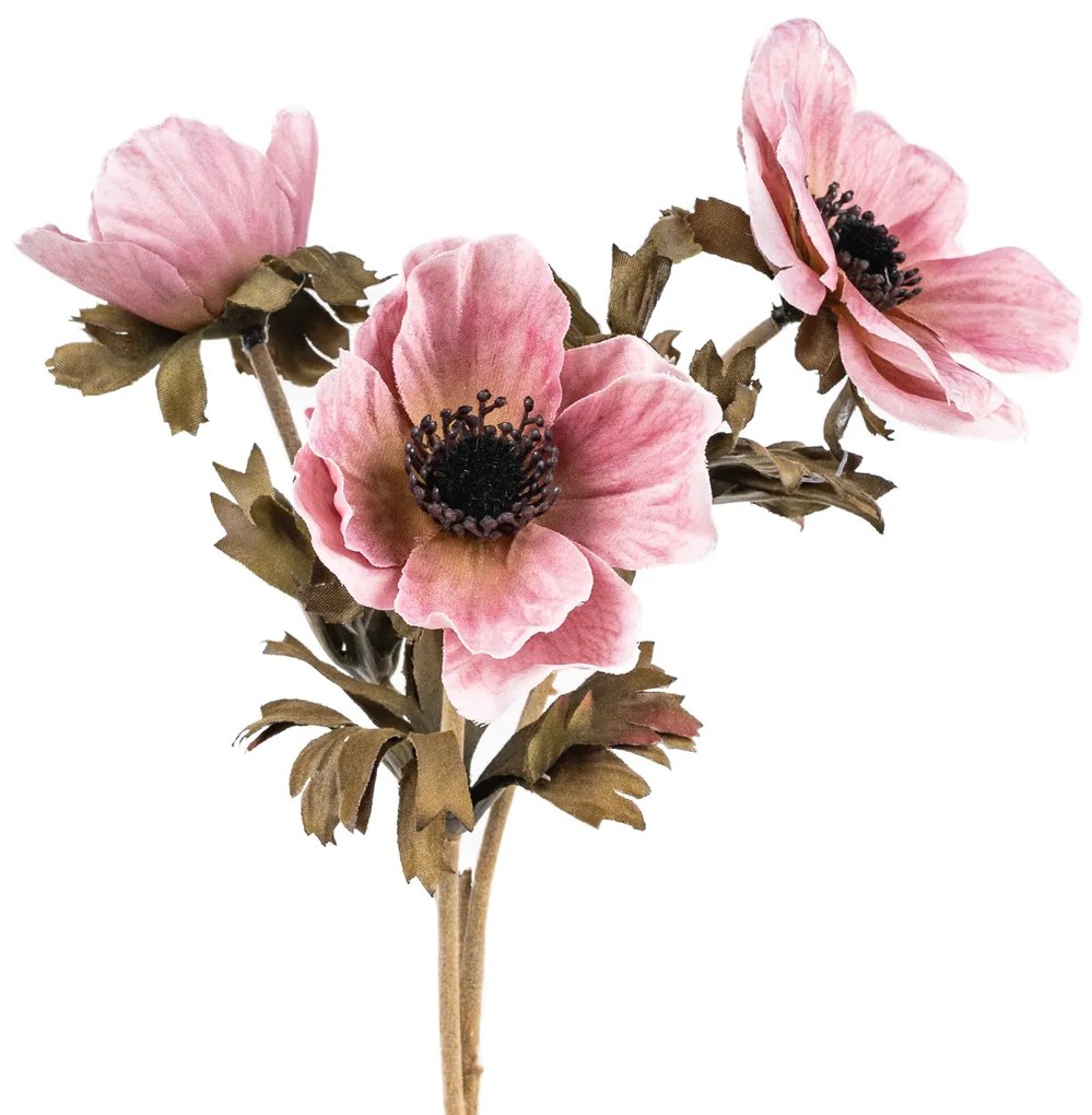 Floare artificiala Anemone roz vechi, 3 flori , 56x 17 cm