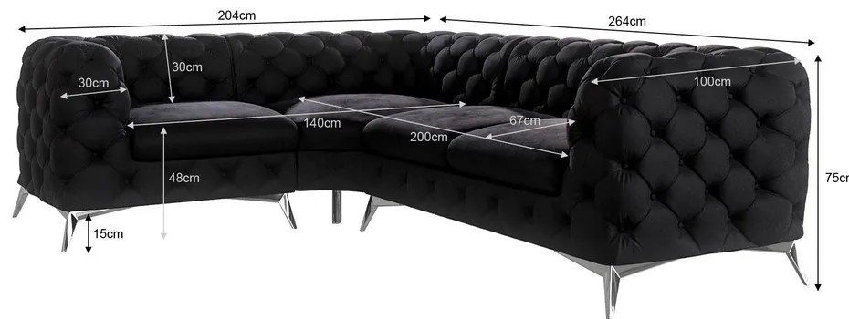 Colțar negru cu tapițerie din catifea (cu colț pe partea stângă/în formă de ”L”) Chelsea – Ropez