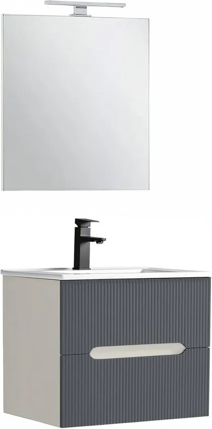 Trent mobilier de baie 60 cm lavoar ceramic (2 sertare) cu oglindă 60x80 cm alb-antracit gri