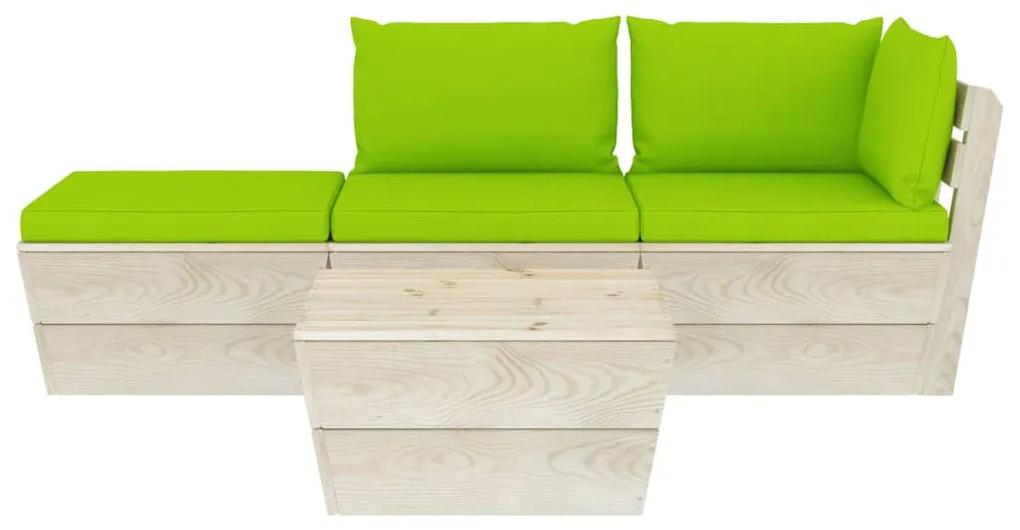 Set mobilier gradina din paleti cu perne, 4 piese, lemn molid verde aprins, colt + mijloc + suport pentru picioare + masa, 1