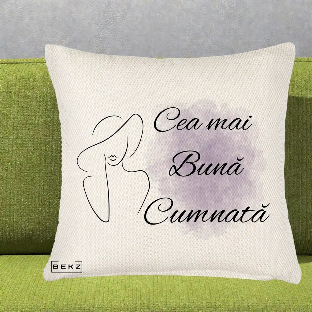 Cadou pentru Cumnata - Perna Personalizata Cea mai Buna Cumnata cu Silueta Dama si Pete Violet, 40x40 cm, Crem Reliefat, Husa Detasabila, Perna Inclusa, BEKZ®