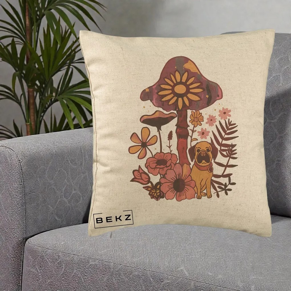 Perna Decorativa Ciuperca Caine Boho, 40x40 cm, Bej, Husa Detasabila, Perna Inclusa, BEKZ®