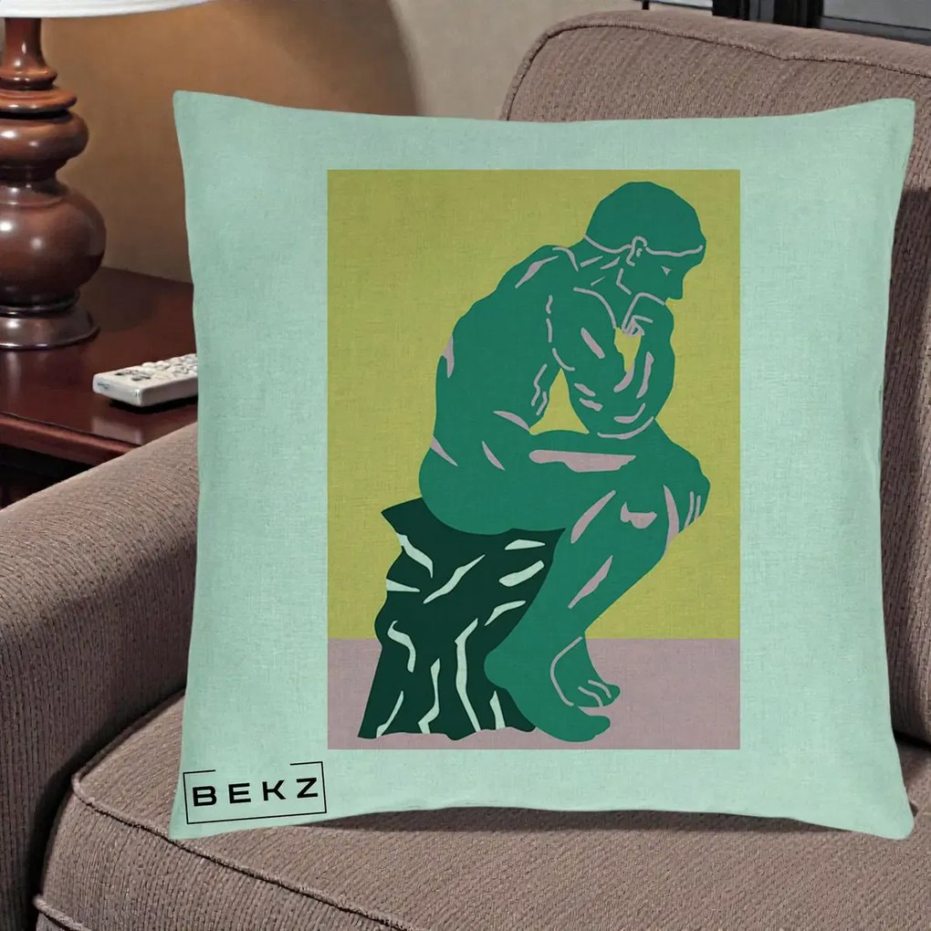 Perna Decorativa Ganditorul Sculptura Pop Art, 40x40 cm, Verde Menta, Husa Detasabila, Perna Inclusa, BEKZ®