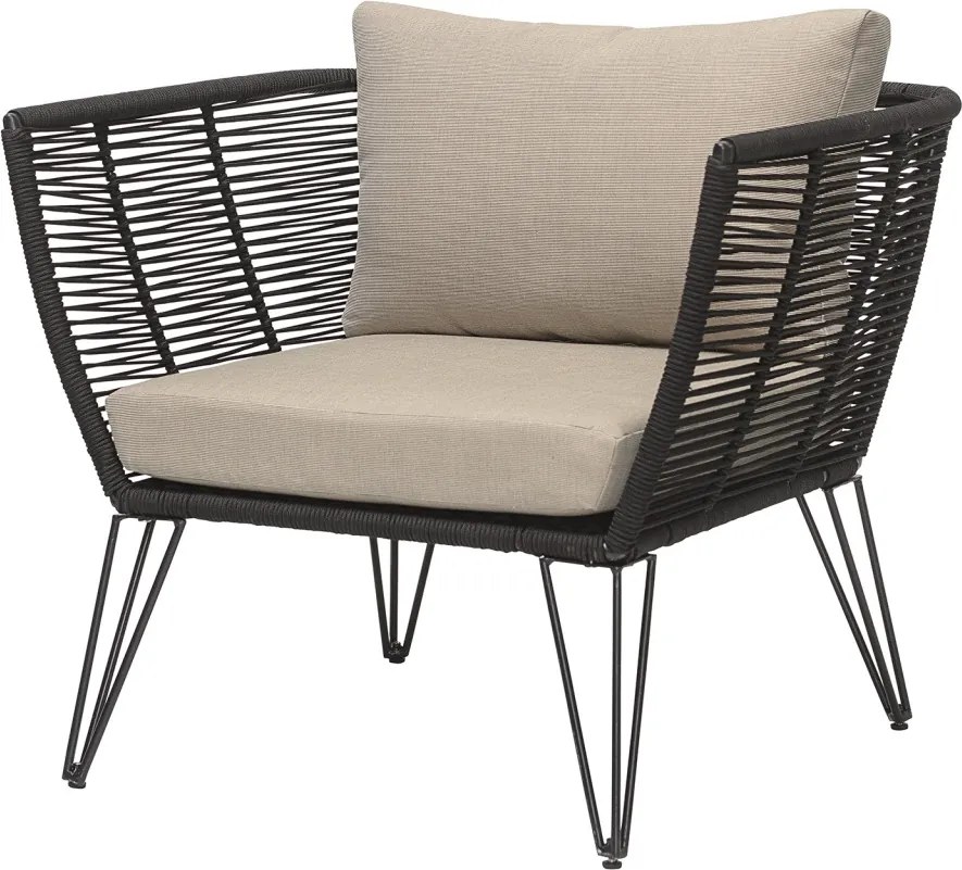 Fotoliu de exterior, negru, din metal, cu perne bej incluse, Mundo