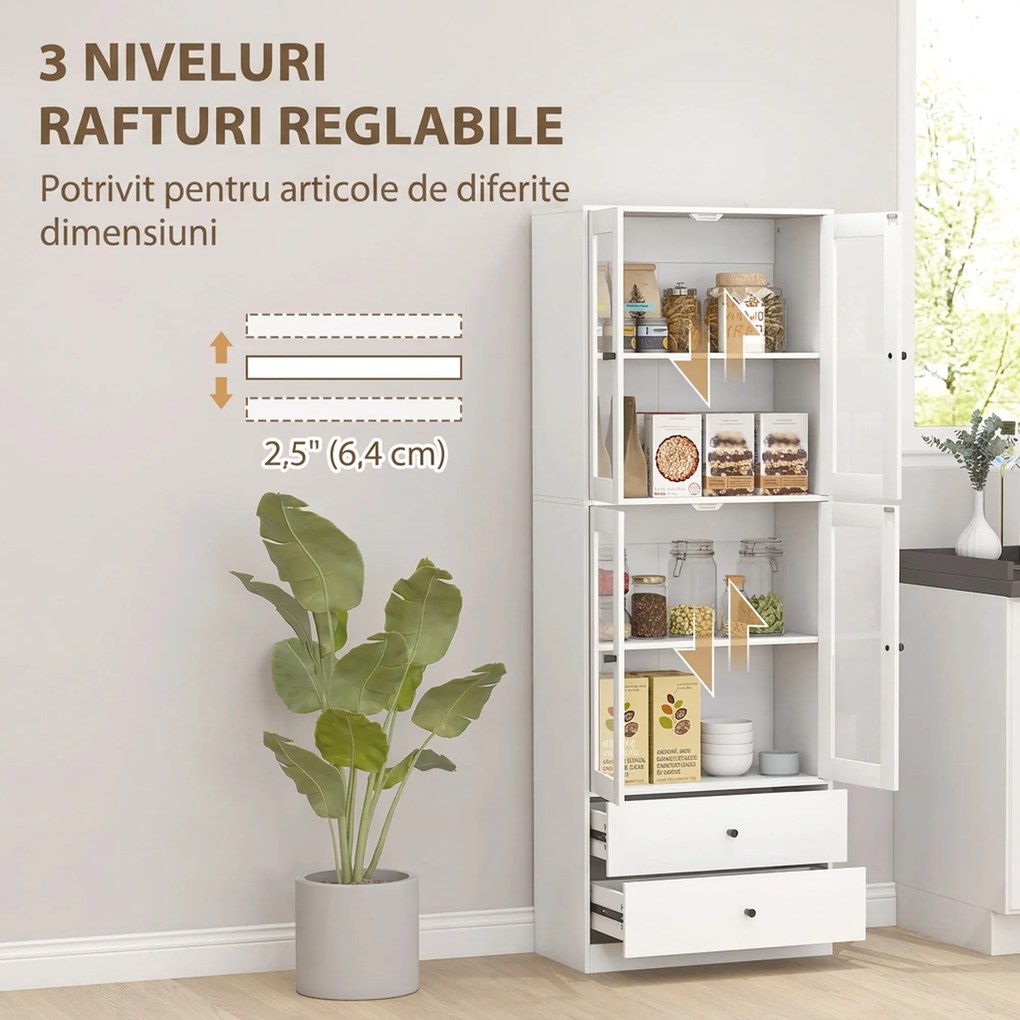 HOMCOM Vitrină Înaltă de Bucătărie 170 cm, 4 Uși din Sticlă, 2 Sertare, Polițe Reglabile, pentru Dining și Living, Alb | Aosom Romania